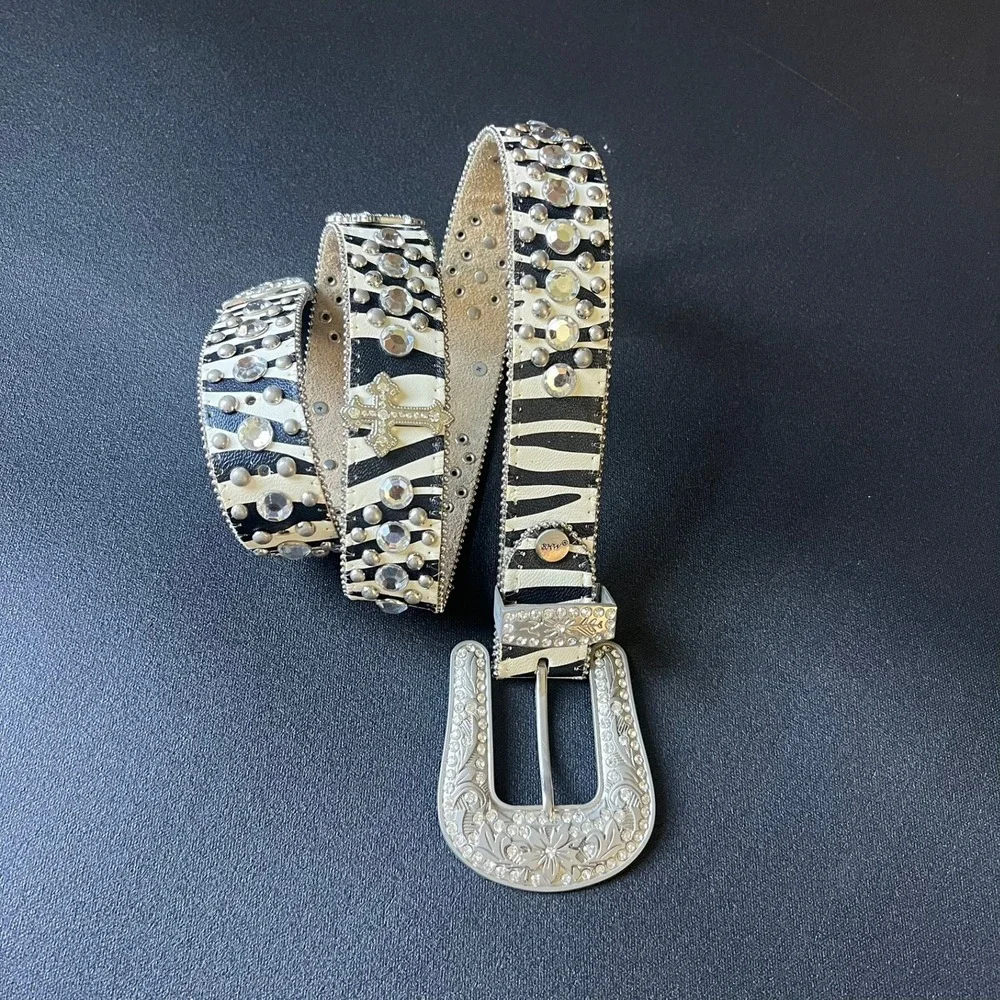 BHW Zebra Print Rhinestone Western Belt L Genuine Leather Cross Studded Rodeo